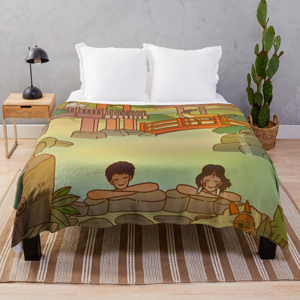 Plush blanket featuring a dreamy hot spring scene with a couple under the moon