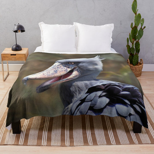 Shoebill plush blanket with detailed features of the wading bird