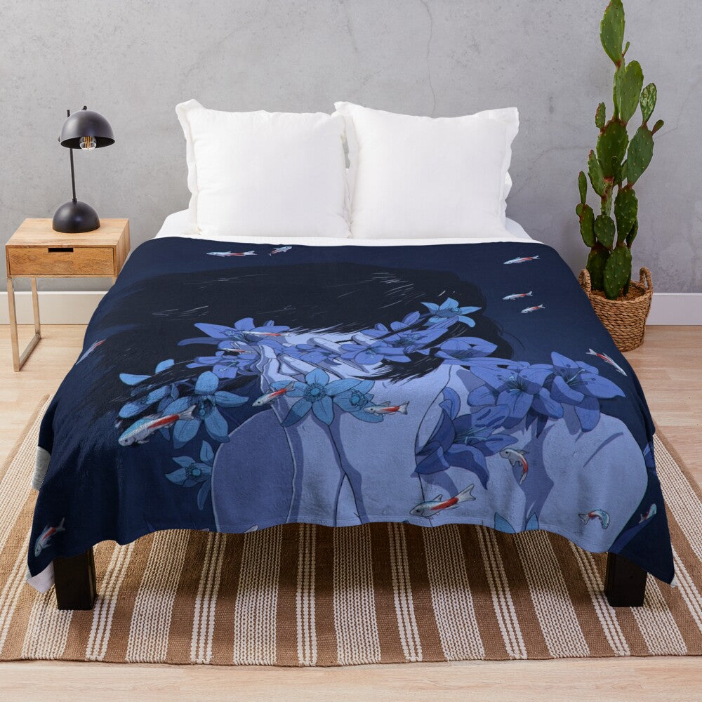 Blue plush blanket with anime-inspired design