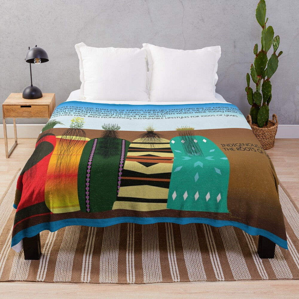 Indigenous people plush blanket featuring traditional plants and cultural elements