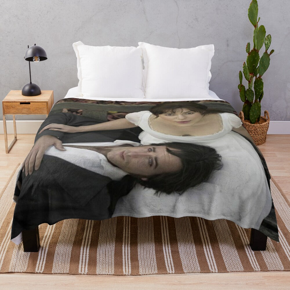 Cozy plush blanket featuring the iconic characters from the 2005 film adaptation of Pride and Prejudice