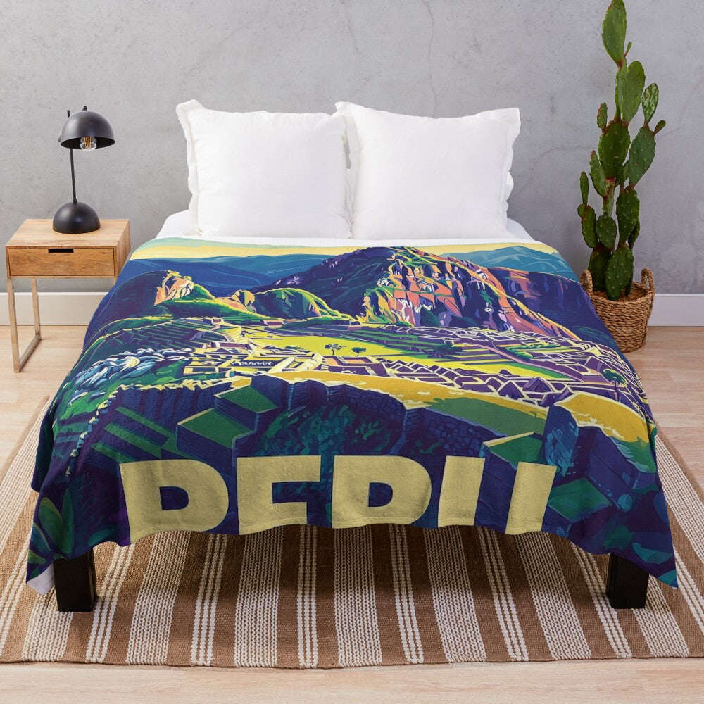 Colorful Peruvian art plush blanket featuring vibrant traditional patterns and indigenous designs