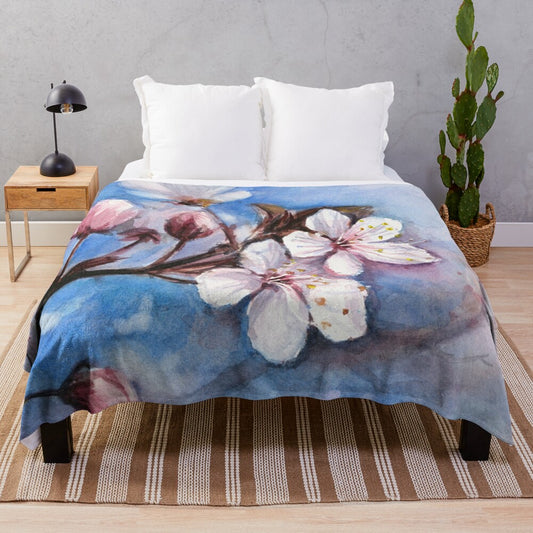 Watercolor cherry blossom plush blanket with floral tree branch design