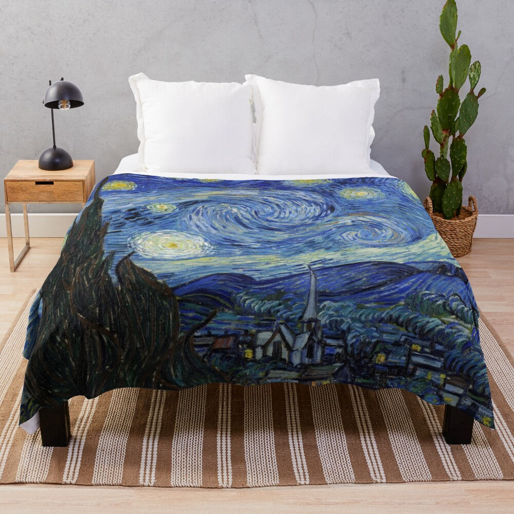 Starry Night inspired plush blanket featuring the iconic painting by Vincent Van Gogh