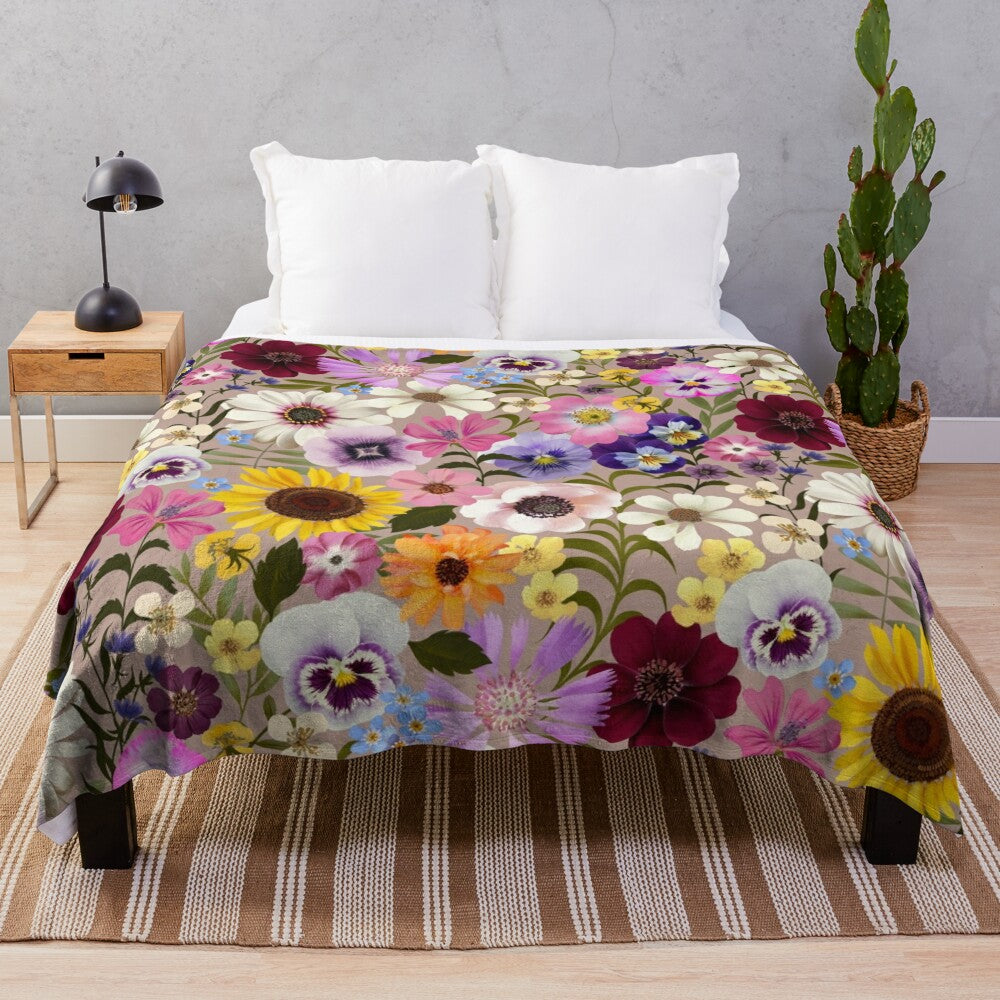 Cottage-inspired floral plush blanket with spring garden party design