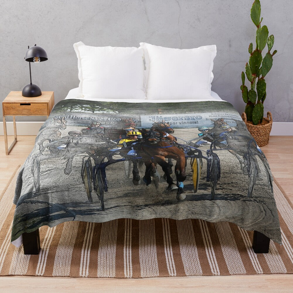 Plush blanket with a harness horse cart racing design