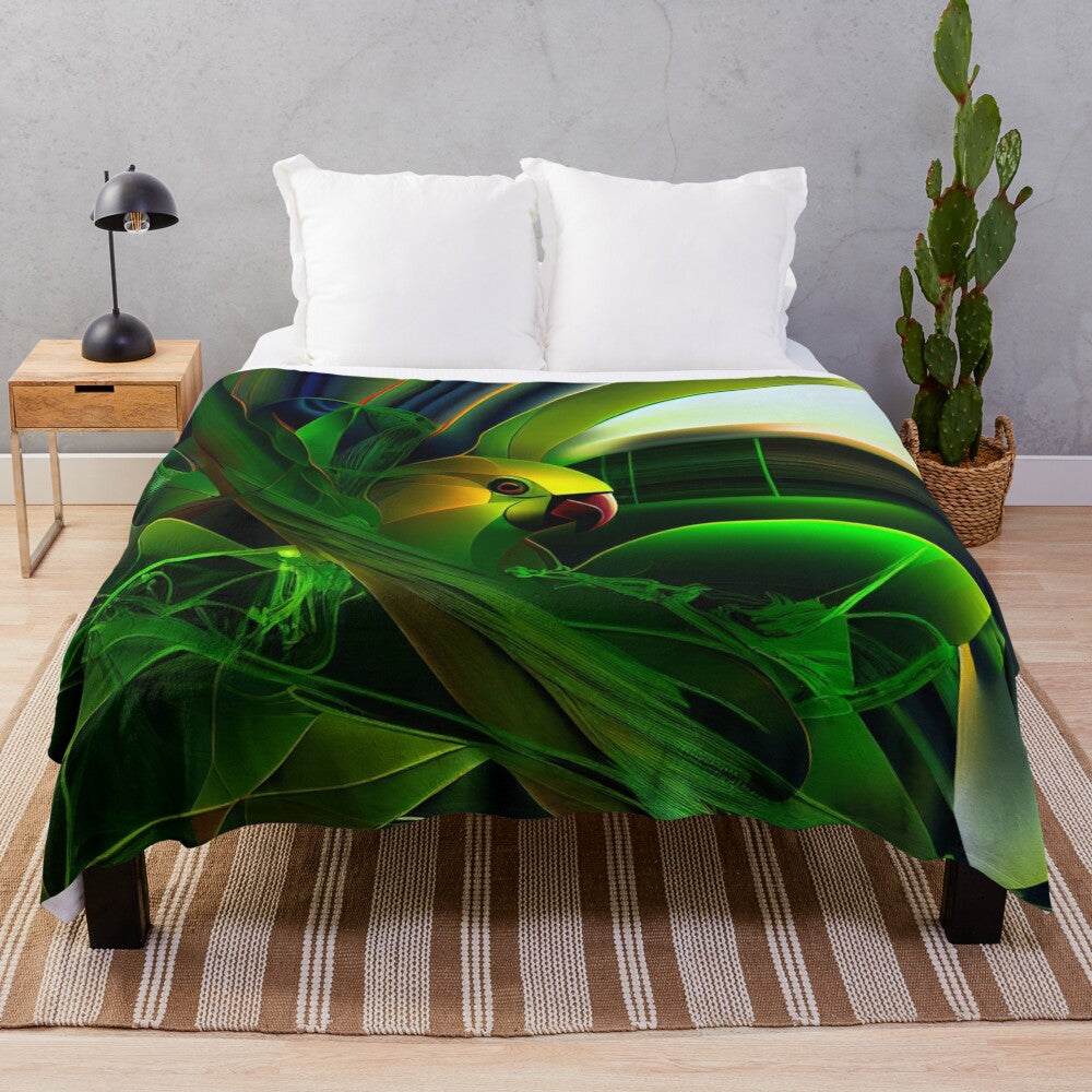 Colorful abstract parrot design on a plush, soft blanket