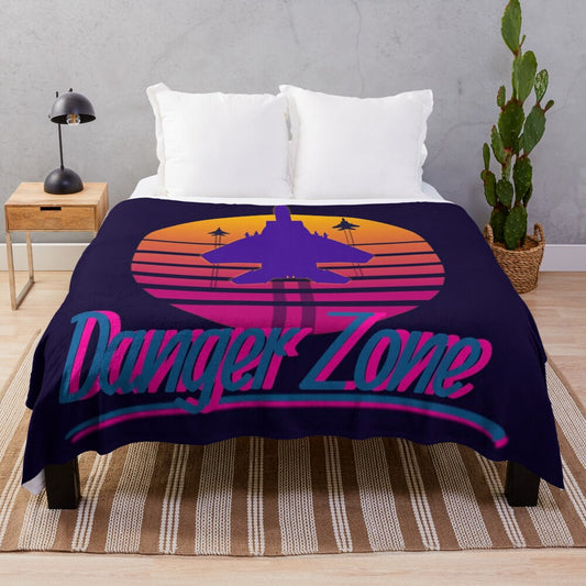 Plush blanket with retro 80s 90s design featuring aviation, pop culture, and vaporwave elements