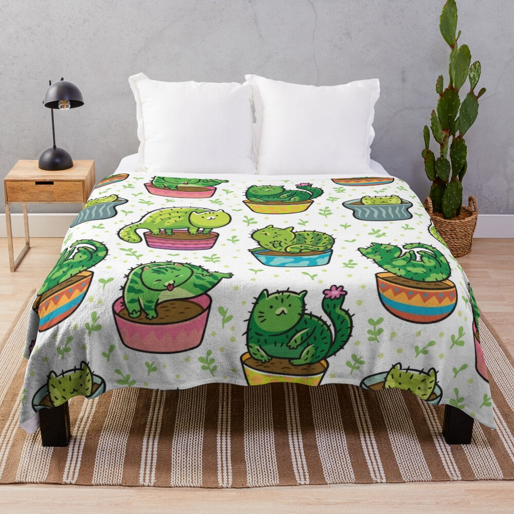 Cactus plush blanket with cartoon cat design