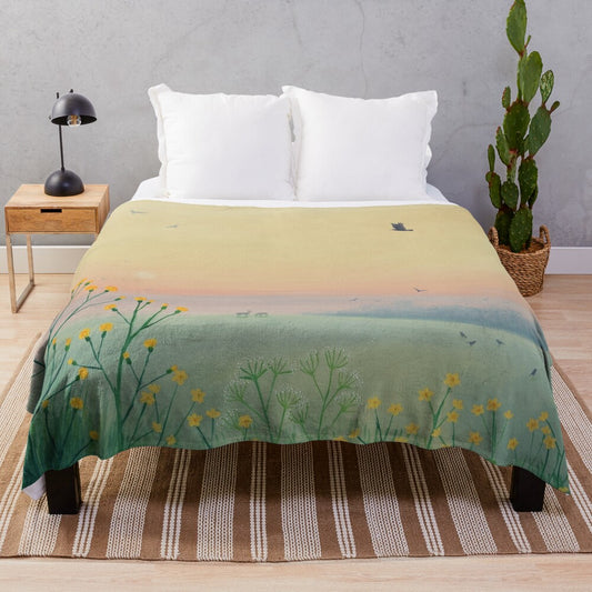 Plush blanket with a morning haze landscape design featuring birds, deer, and a yellow sky