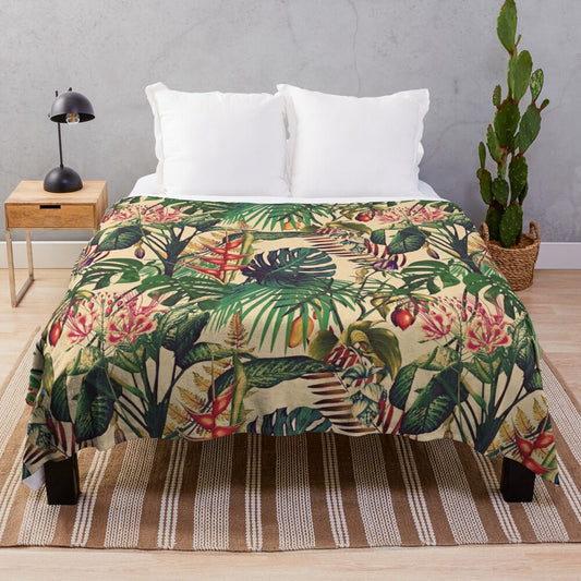 Vintage-inspired tropical floral plush blanket with jungle leaves and flowers