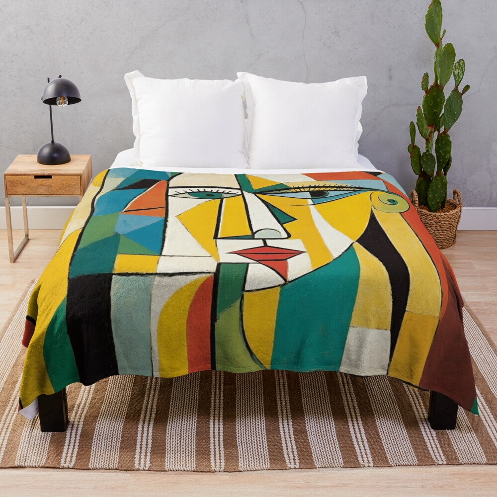 Colorful cubist-inspired plush blanket with abstract design