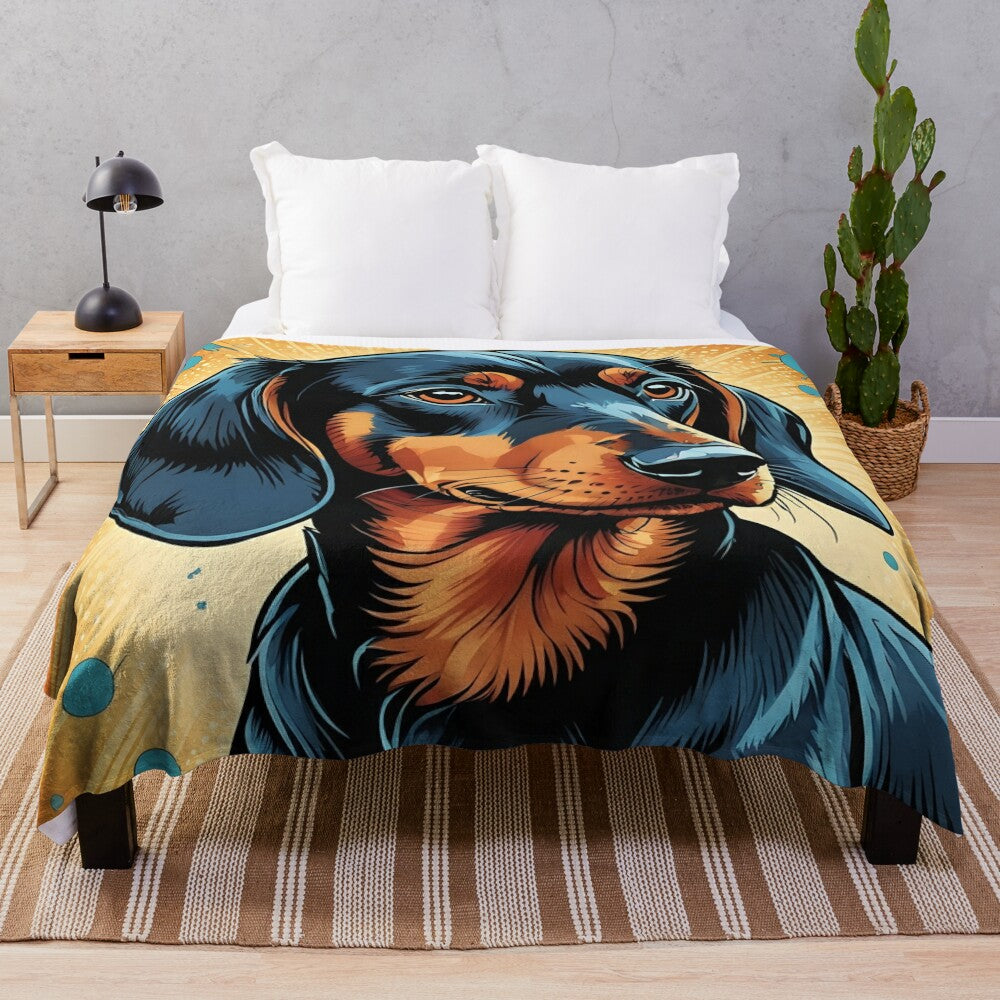 Plush blanket featuring a cartoon dachshund dog in a comic book superhero design