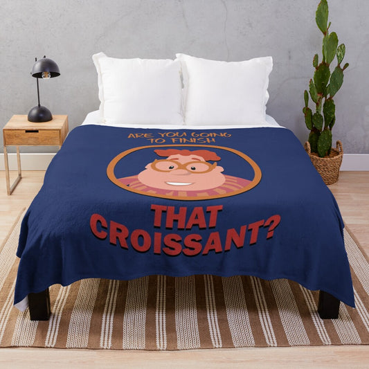 Plush blanket featuring the 'Are You Going to Finish That Croissant?' meme with cartoon characters