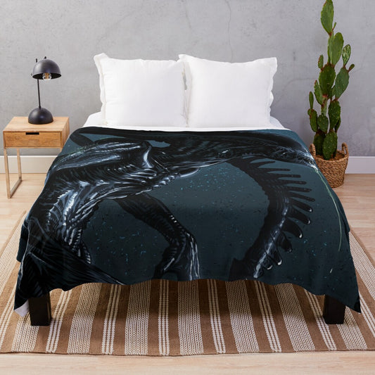 Xenomorph-inspired plush blanket with HR Giger-style alien design