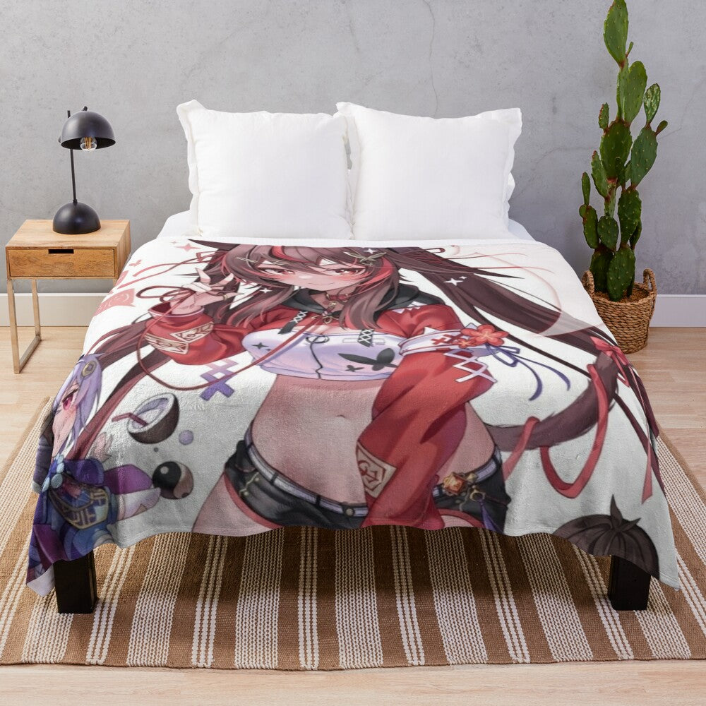 Soft and cozy plush blanket featuring the cute anime character Hu Tao from Genshin Impact