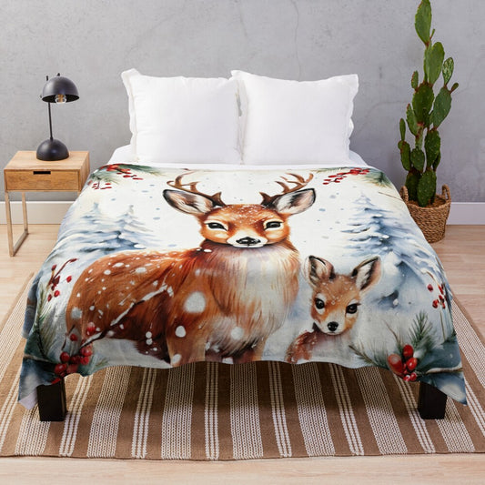 Plush blanket featuring winter wildlife art with deer and fawn