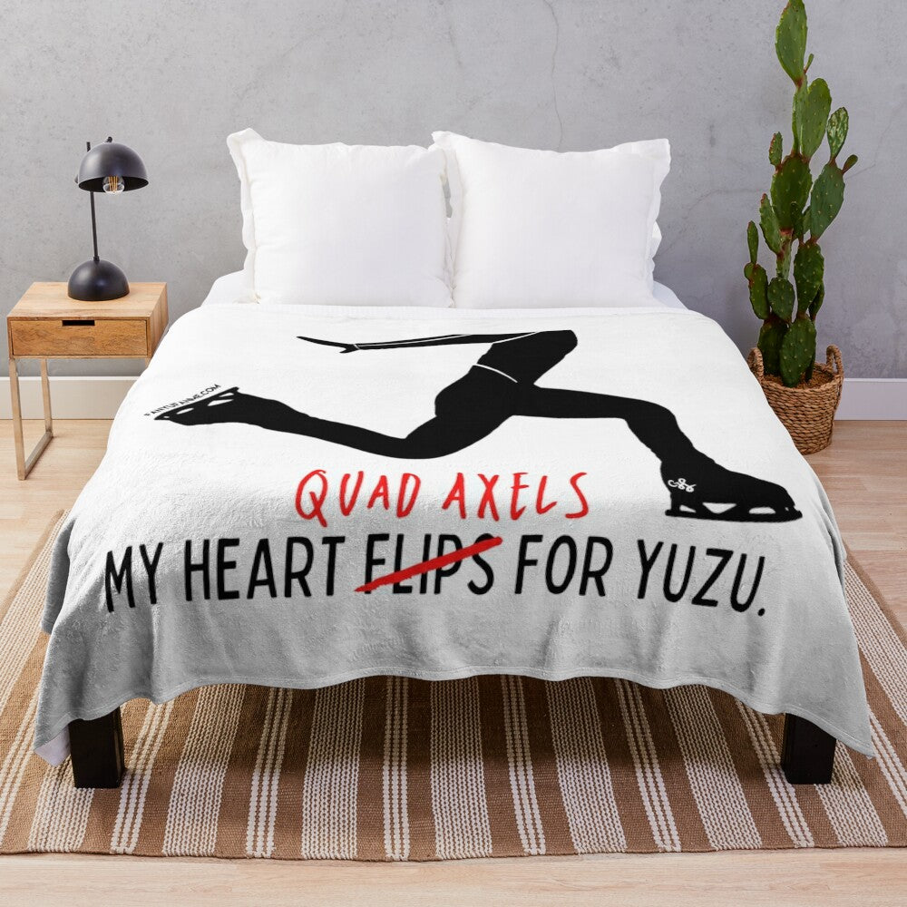 Yuzuru Hanyu inspired plush blanket featuring a quad axel heart design