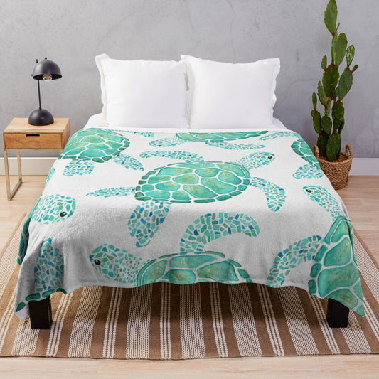 Watercolor turtle patterned plush blanket