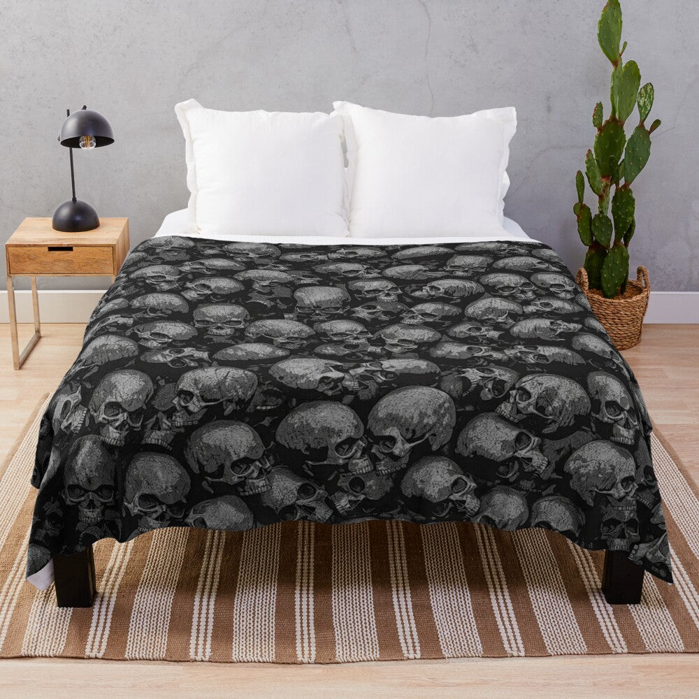 Plush Gothic-inspired blanket with a macabre skeleton pattern