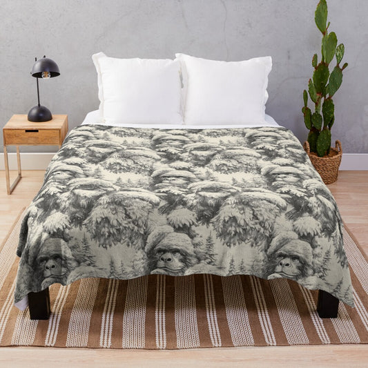 Soft, plush blanket featuring a Sasquatch design, perfect for winter