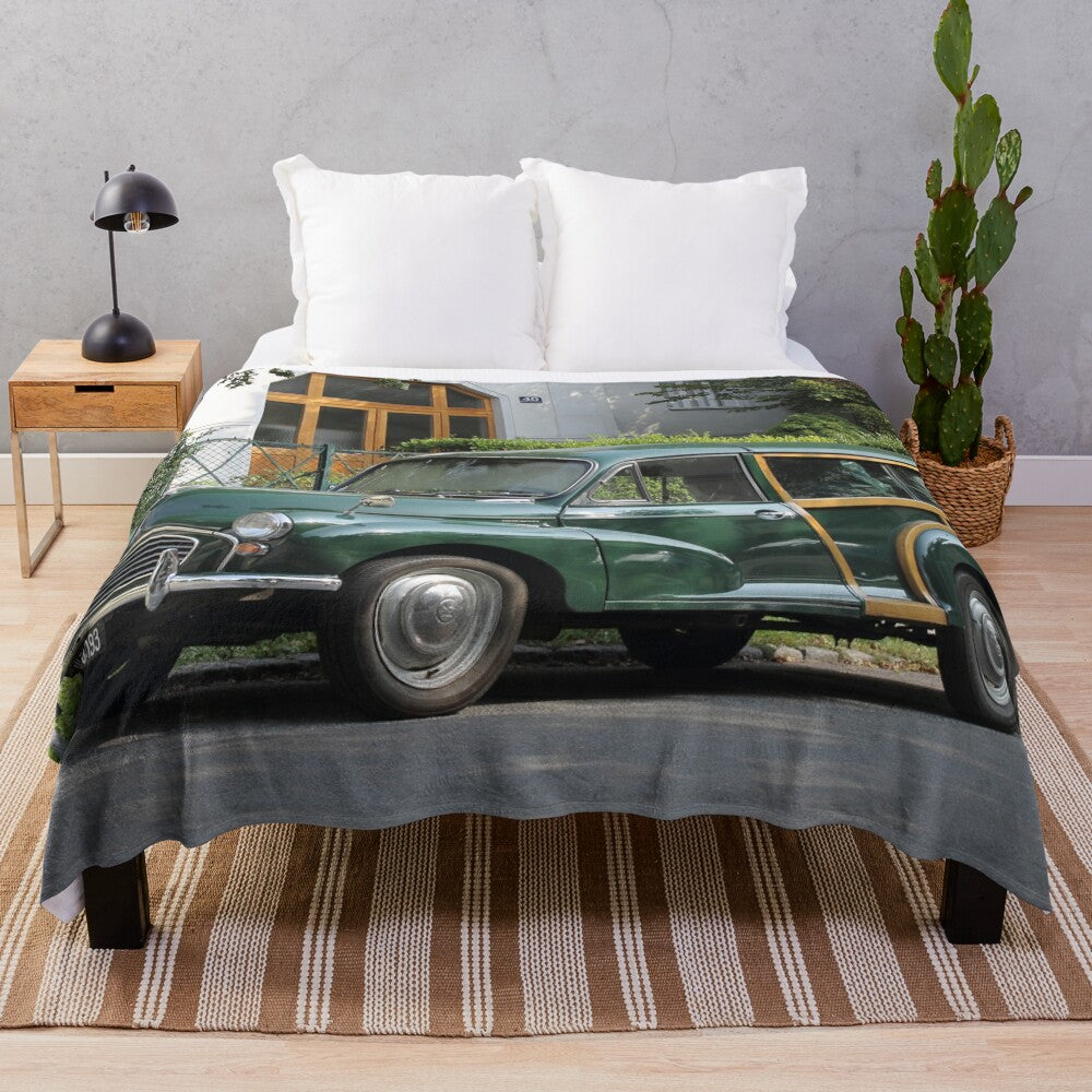 Cozy plush blanket featuring the iconic Morris Minor 1000 Traveller estate wagon