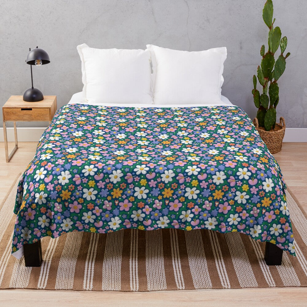 Colorful spring flower plush blanket with vibrant botanical garden design