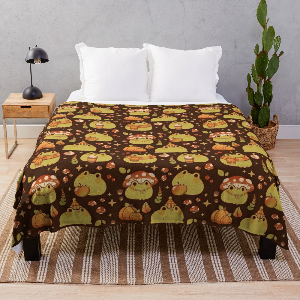 Plush blanket featuring a cute frog design, perfect for fall and Halloween