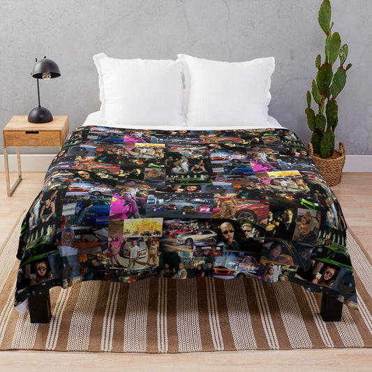 Fast and Furious collage design on a plush blanket for car enthusiasts