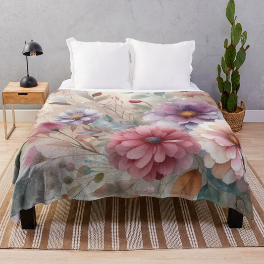 Plush blanket featuring a pastel watercolor painting of fall flowers