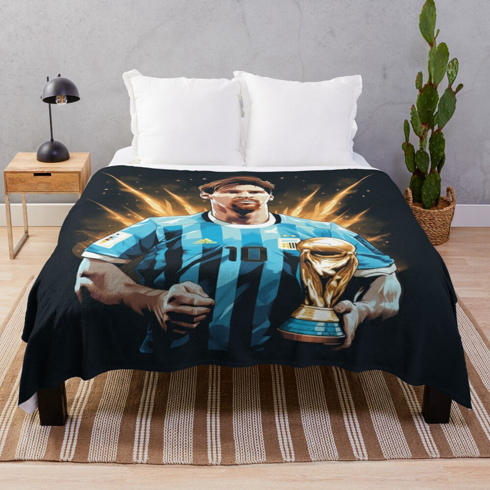 Lionel Messi inspired plush blanket with football/soccer graphics