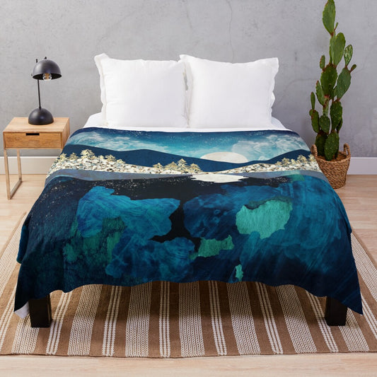 Midnight Water Plush Blanket with Dreamy Celestial Landscape