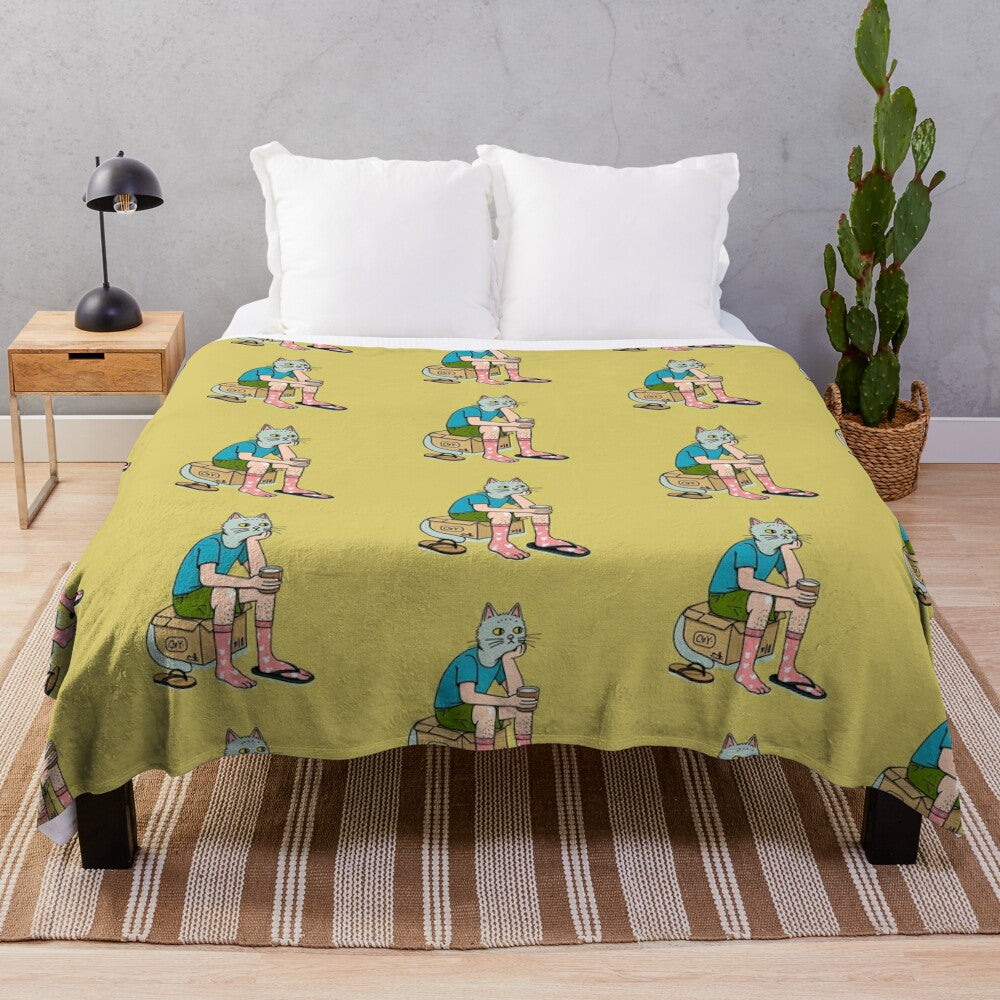 Plush blanket featuring a whimsical and humorous design with cats and other animals