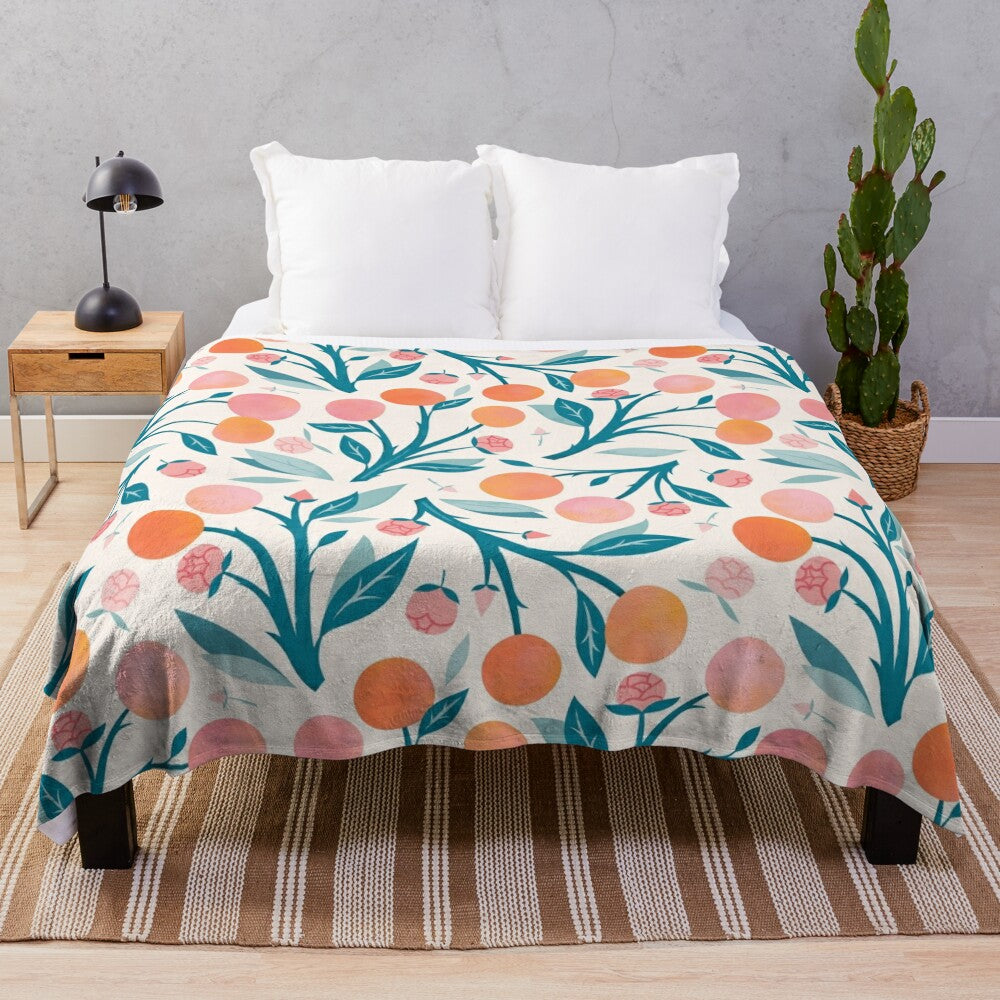 Soft and vibrant plush blanket featuring a peach and peony floral design