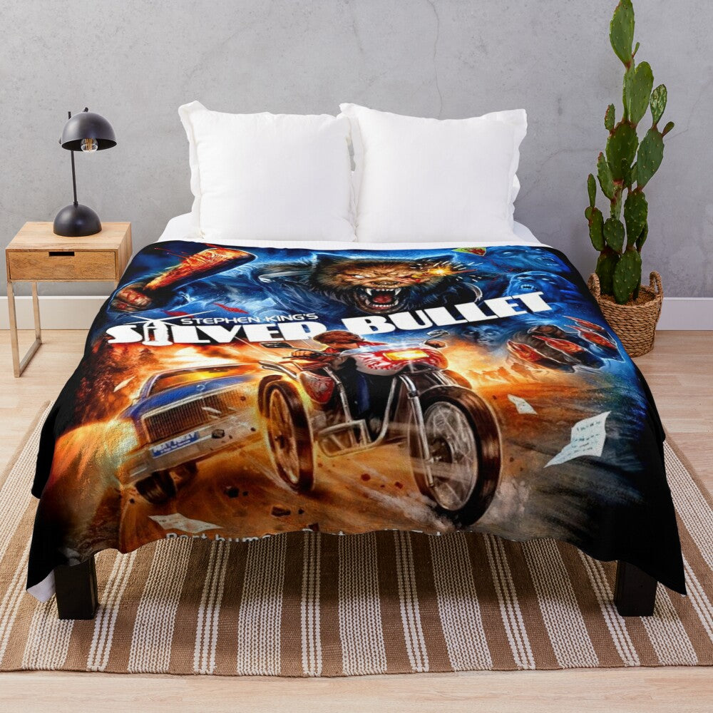 Silver plush blanket with horror movie-inspired design