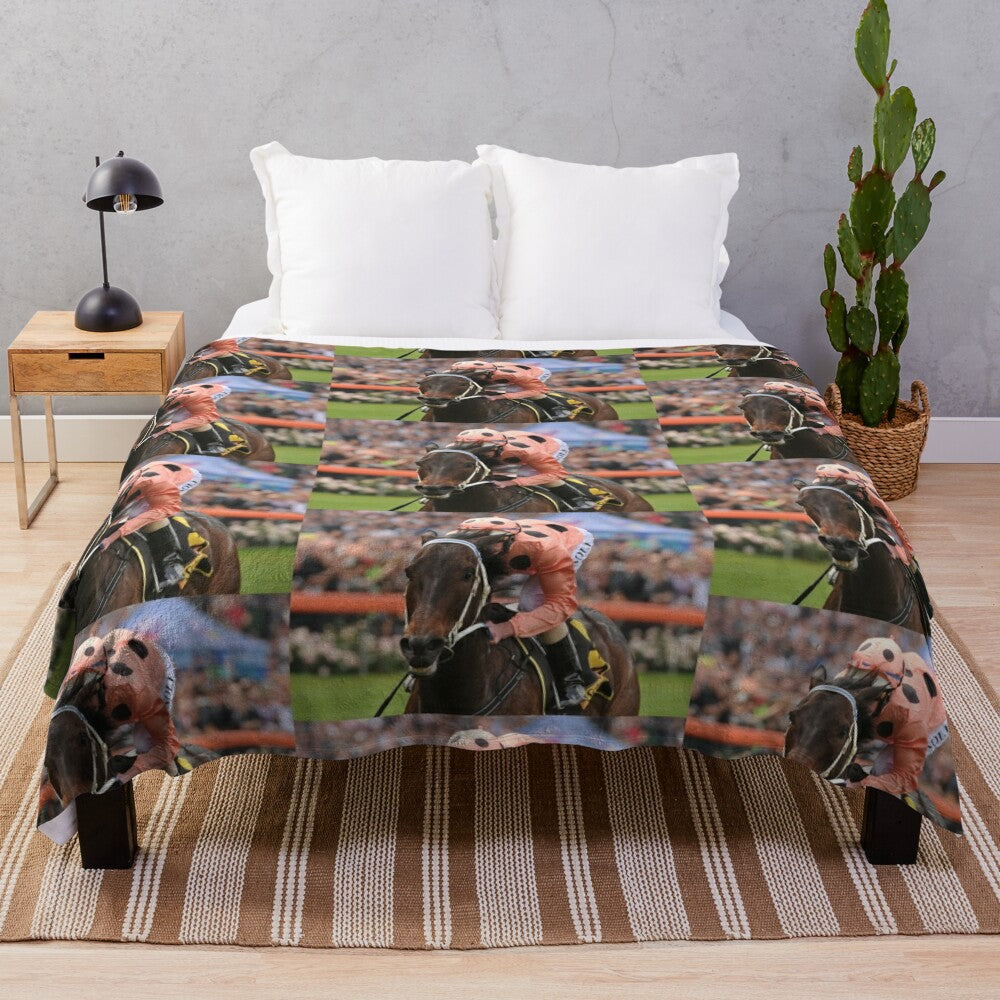 Plush blanket depicting legendary Australian racehorse Black Caviar