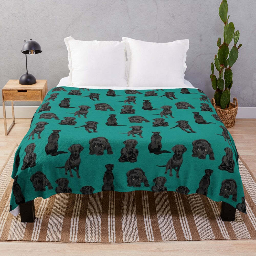 Black labrador retriever dog on a soft, plush blanket