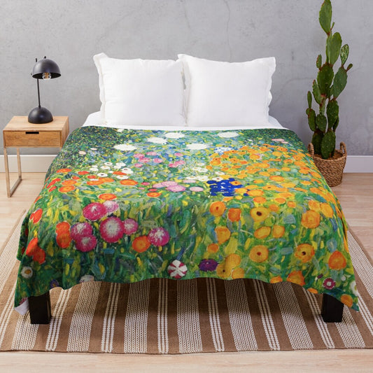 Vibrant floral plush blanket with Gustav Klimt-inspired design