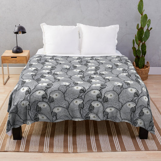 Soft and cuddly plush blanket featuring an African Grey Parrot