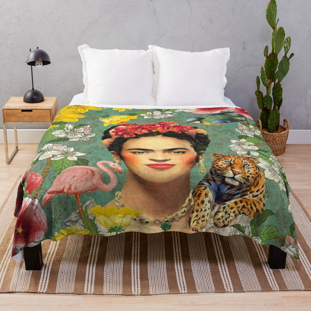 Colorful Frida Kahlo inspired plush blanket featuring floral and feminine designs