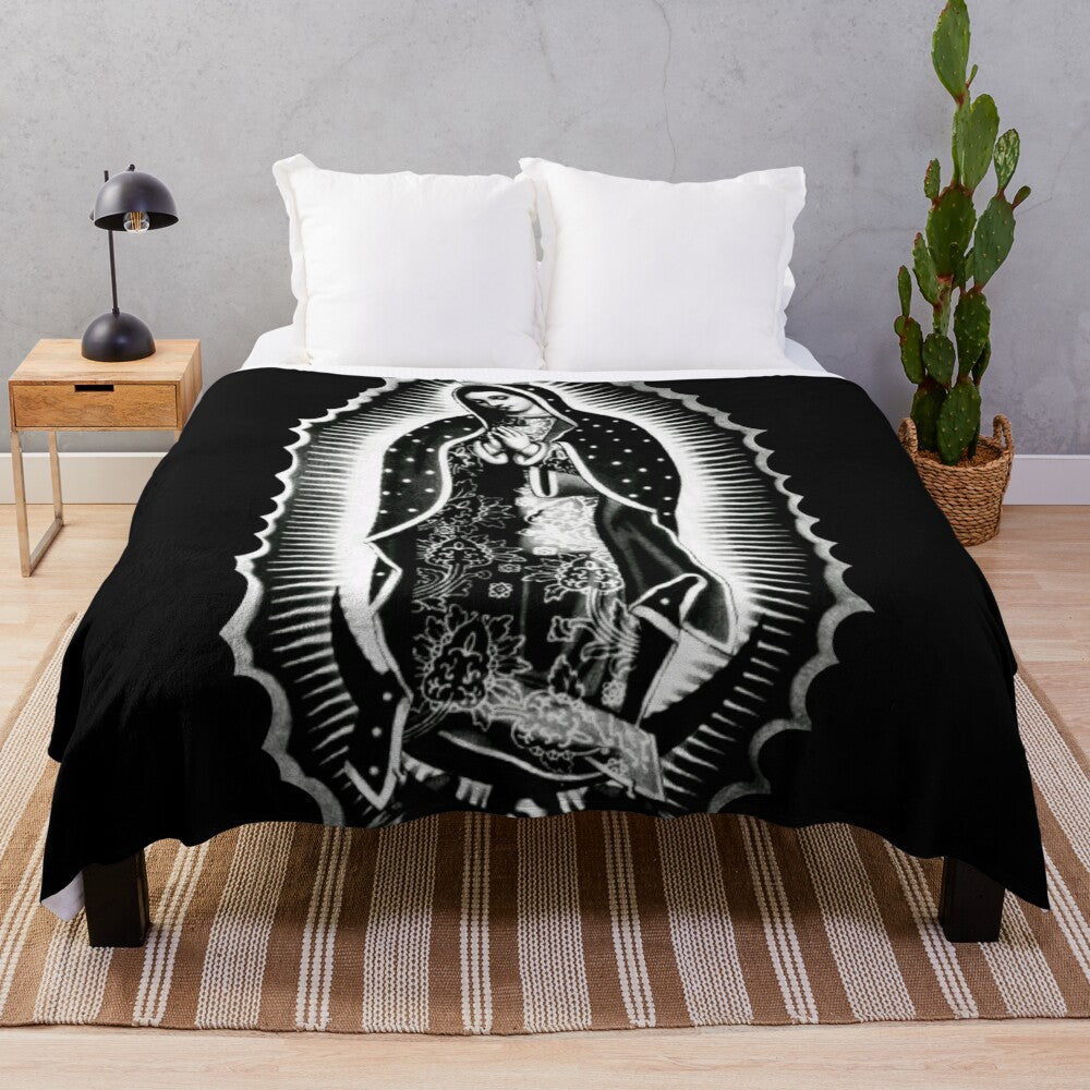 Soft and cozy plush blanket featuring the iconic image of the Virgin de Guadalupe