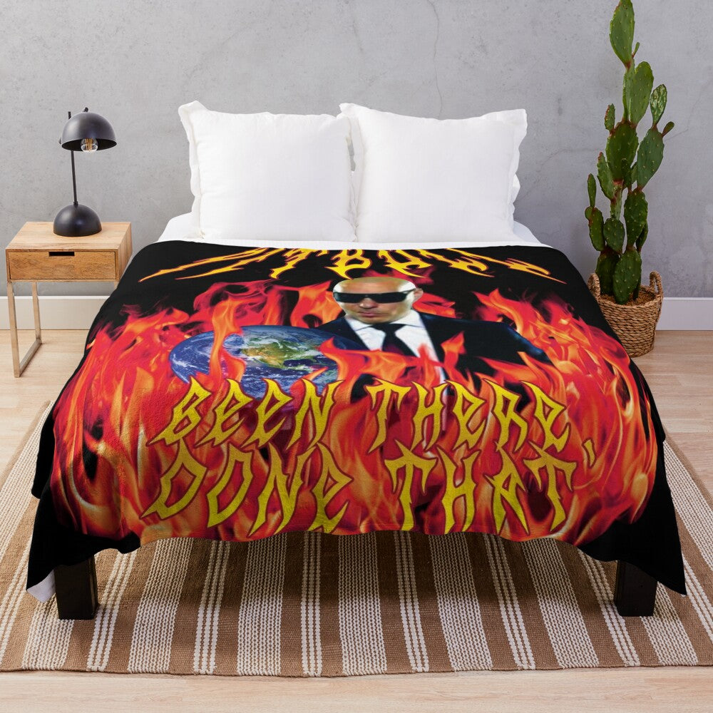 Pitbull-inspired heavy metal plush blanket with flames