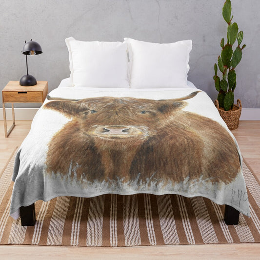 Realistic watercolor painting of a scottish highland cow in a winter landscape on a plush blanket