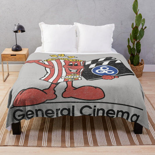 Vintage-inspired distressed cinema plush blanket with retro movie theater graphics