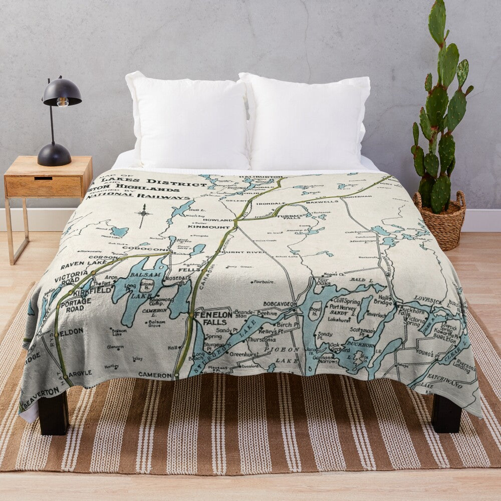 Vintage map plush blanket featuring the Kawartha Lakes and Haliburton Highlands region of Ontario, Canada