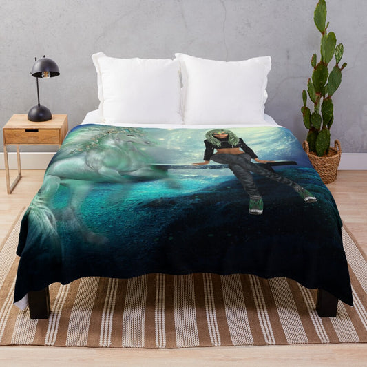 Cozy plush blanket featuring a majestic unicorn in a magical forest with a starry night sky