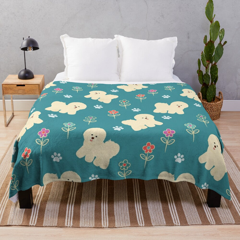 Bichon Frise plush blanket with colorful floral pattern