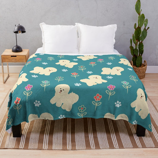 Bichon Frise plush blanket with colorful floral pattern