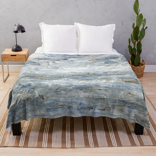 Plush blanket featuring a moody abstract seascape painting in shades of grey and blue