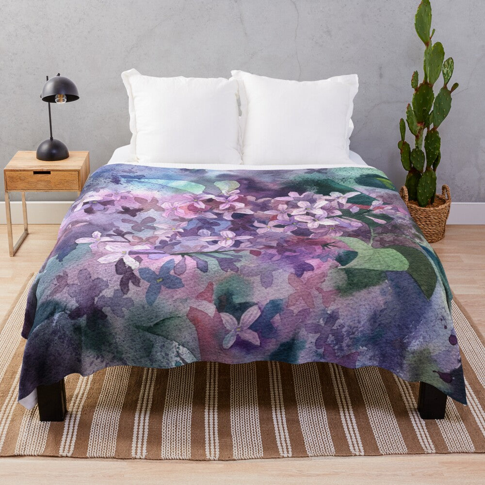 Lilac plush blanket with watercolor graphic design